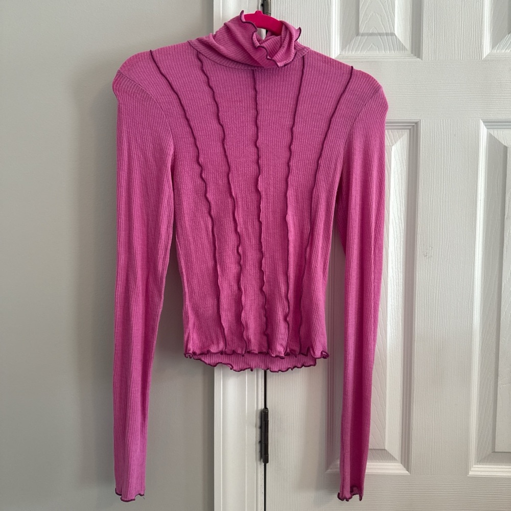 Urban Outfitters Pink Ruffled Ribbed Blouse
